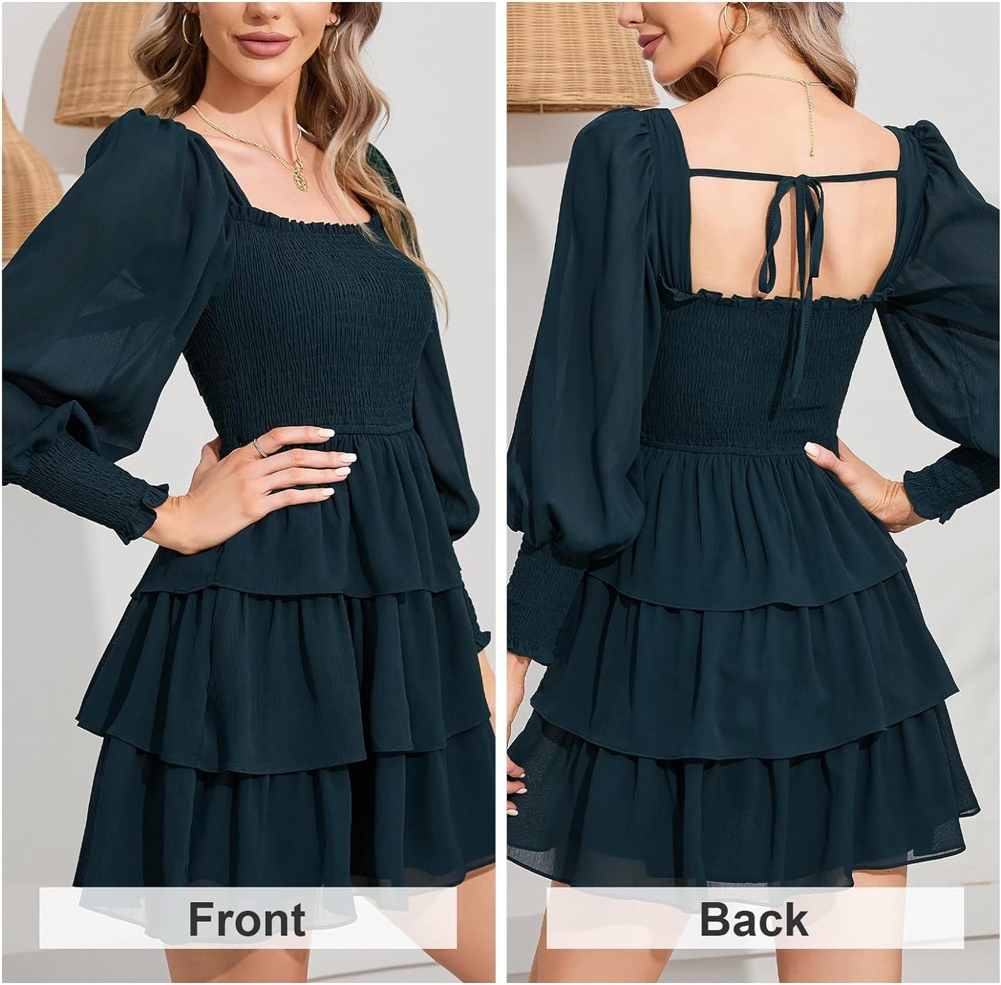 Byinns Women's 2024 Square Neck Ruffle Dress Long Sleeve Floral Print Tiered Tie Back Layered Swing Mini Dress