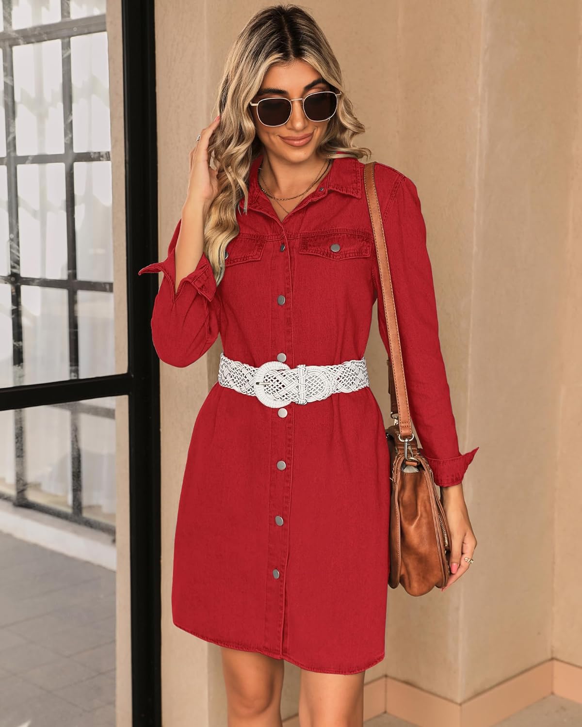 luvamia Denim Dress for Women 2024 Jean Spring Dresses Cowgirl Western Casual Long Sleeve Button Down Dress with Pockets