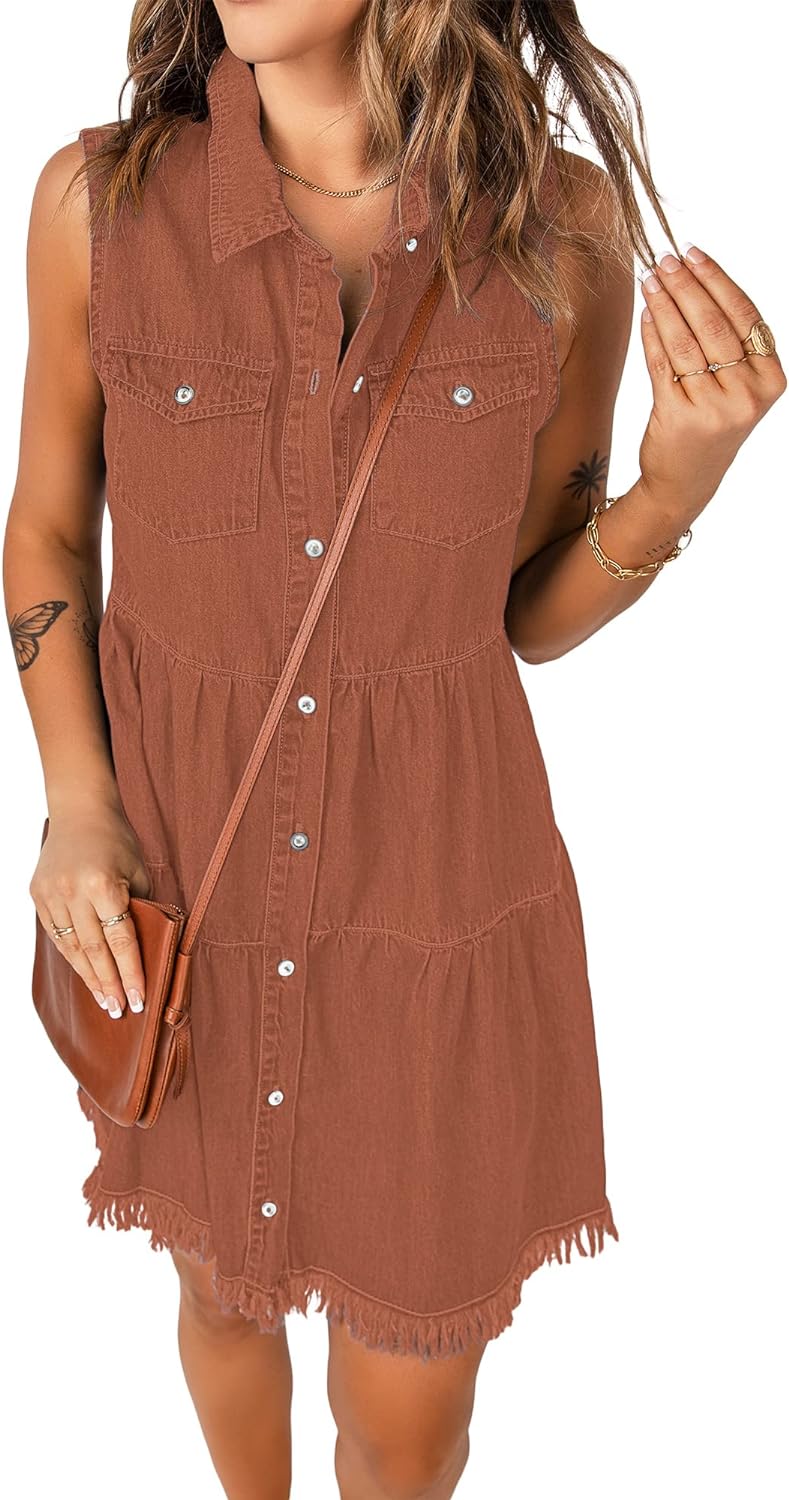 luvamia Women's Casual Summer Lapel Sleeveless Button Down Short Denim Jean Dress