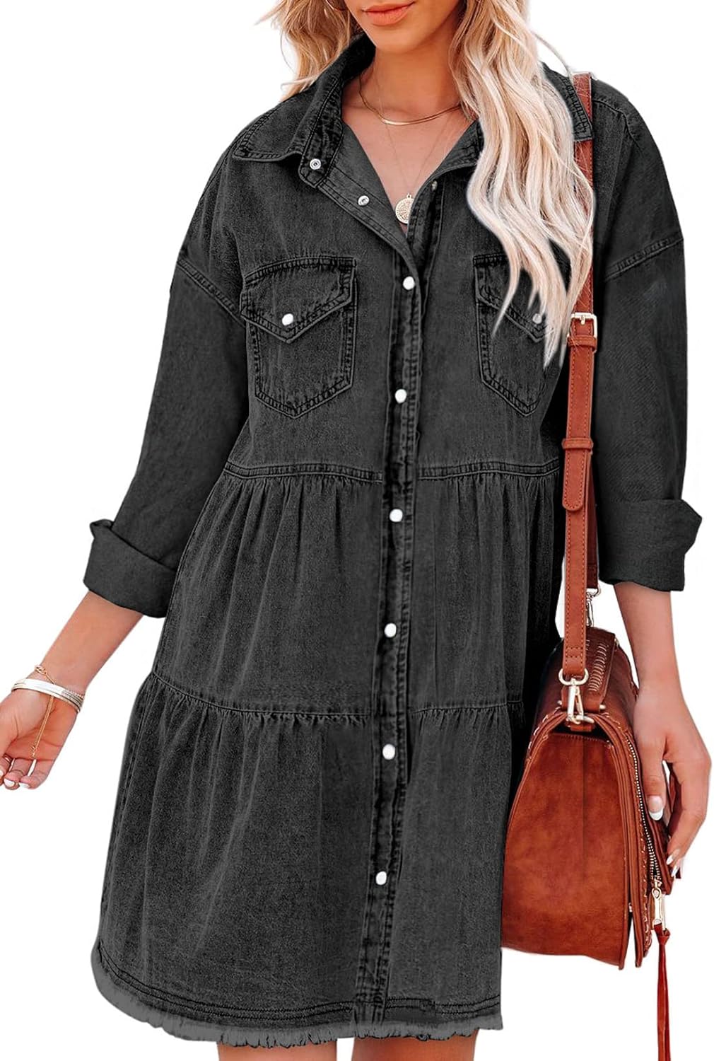 Sidefeel Womens Buttoned Frayed Pocket Short Sleeve Denim Jean Dresses