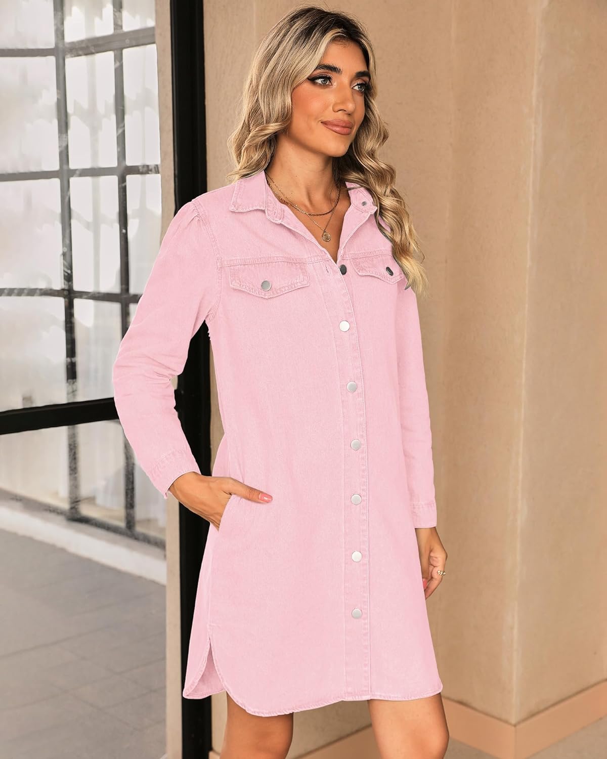 luvamia Denim Dress for Women 2024 Jean Spring Dresses Cowgirl Western Casual Long Sleeve Button Down Dress with Pockets