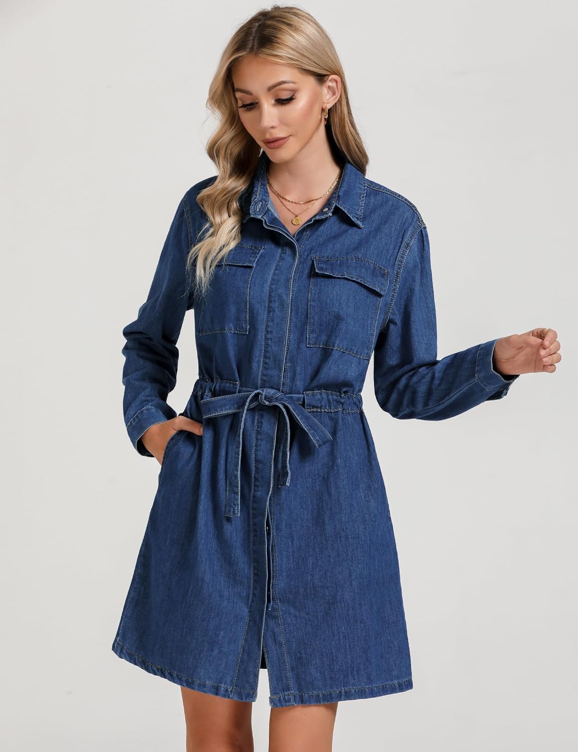 luvamia Denim Dress for Women Long Sleeve Jean Button Down Shirt Dresses with Pockets Casual Fashion Shift Short Dress