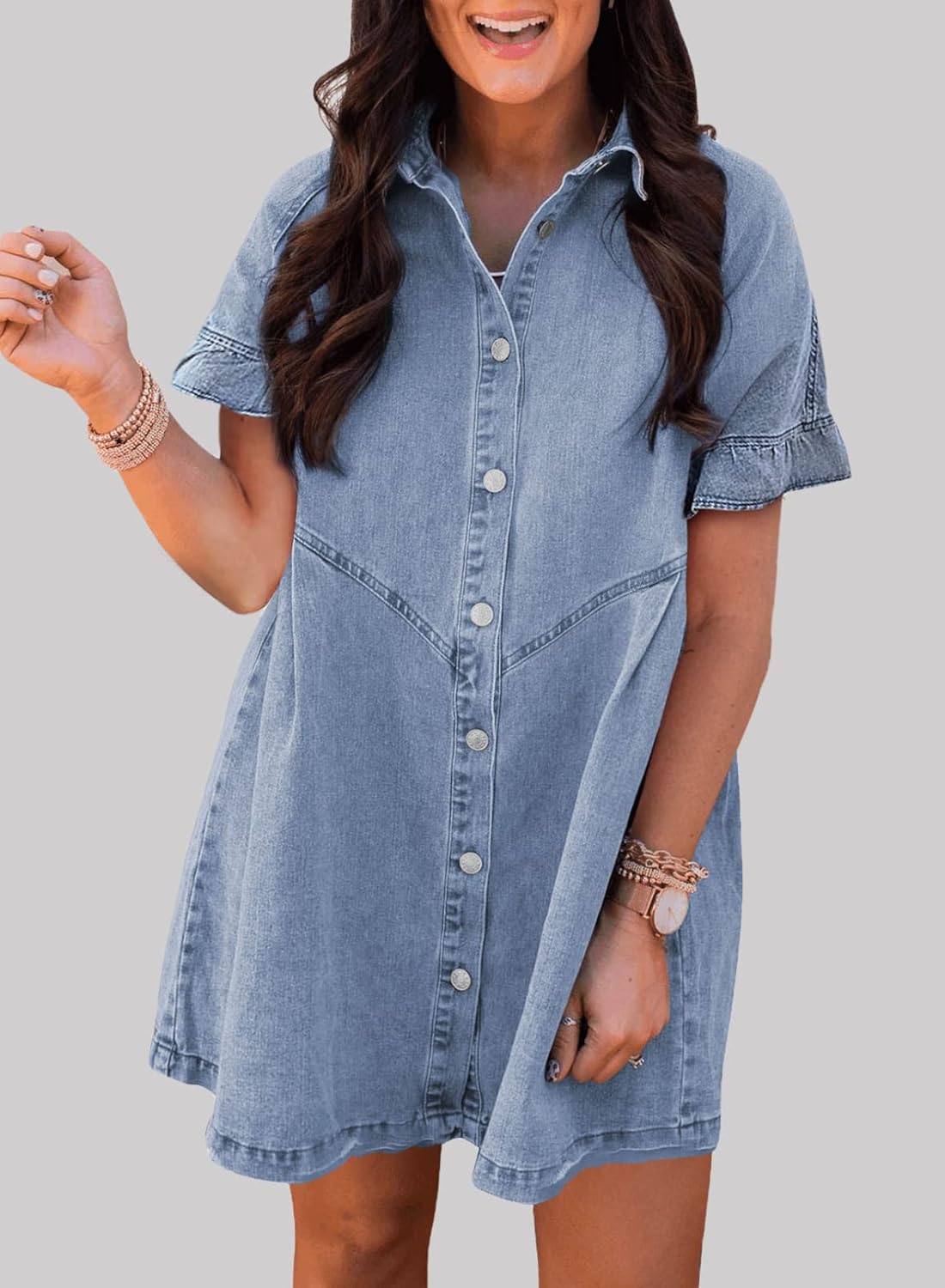 Sidefeel Womens Smocked 3 4 Sleeve Button Down Denim Jeans Dresses