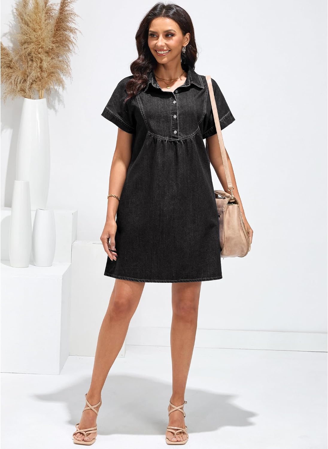 luvamia Denim Dress for Women Summer Short Sleeve Button Down Collared Pleated Western Jean Dresses with Pockets Relaxed