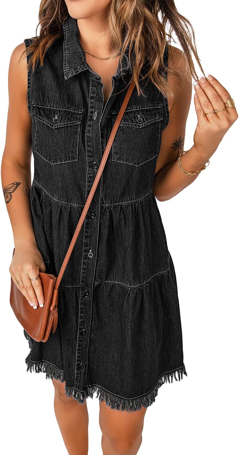 luvamia Women's Casual Summer Lapel Sleeveless Button Down Short Denim Jean Dress