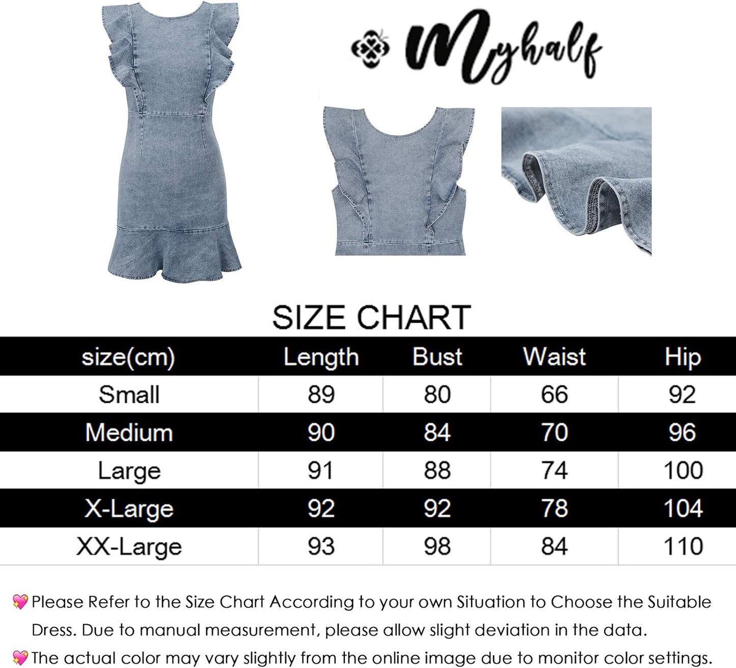 MYHALF Women's Casual Round Neck Ruffle Trim Sleeveless Denim A Line Mini Dress
