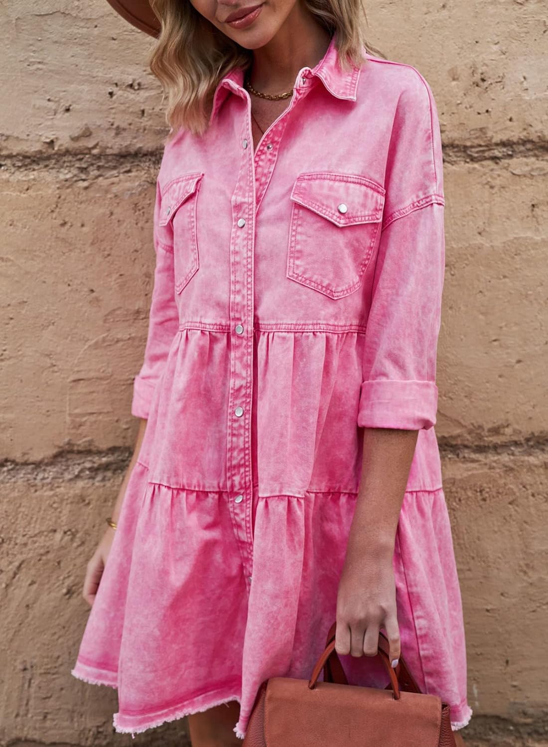 Sidefeel Womens Buttoned Frayed Pocket Short Sleeve Denim Jean Dresses