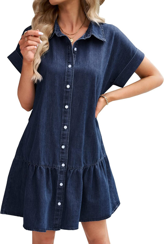 GRAPENT Denim Dress for Women Summer Button Down Belted Short Dresses Flowy Western Casual Jean Dress