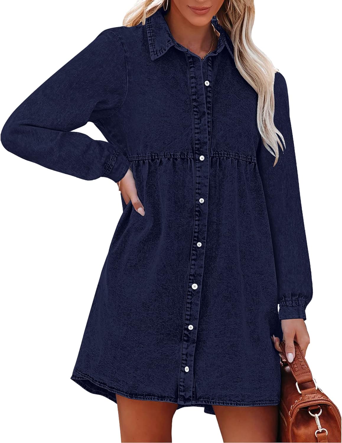 luvamia Denim Dress for Women Babydoll Flowy Cute Jean Shirt Dresses Long Sleeves