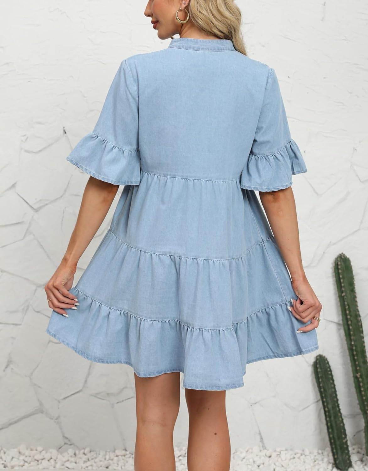 Women Denim Dresses Casual V Neck Ruffle Short Sleeve Summer Denim Jean Dress