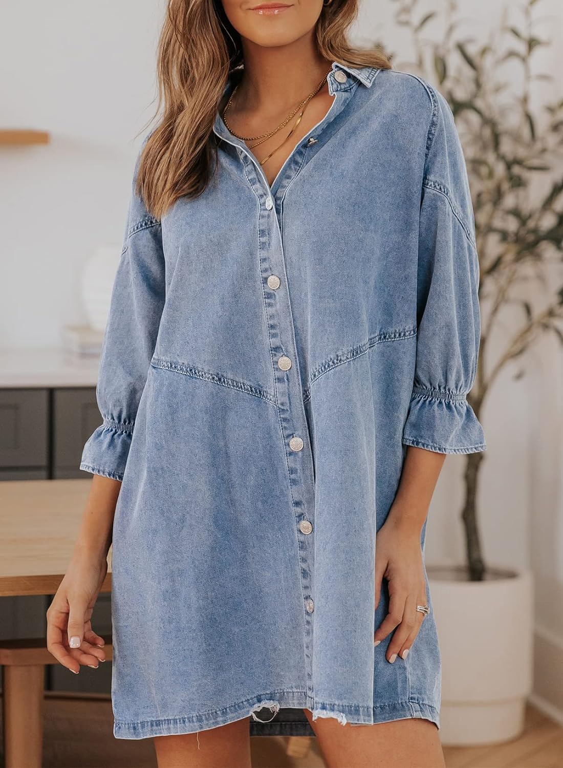 Sidefeel Womens Smocked 3 4 Sleeve Button Down Denim Jeans Dresses