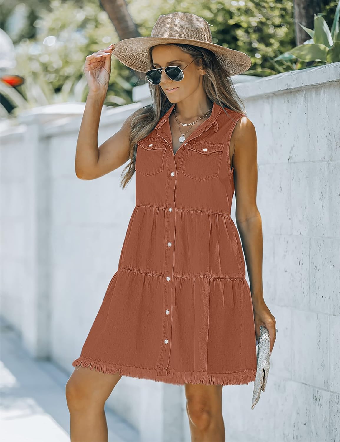 luvamia Women's Casual Summer Lapel Sleeveless Button Down Short Denim Jean Dress