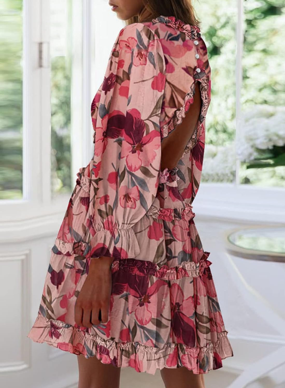 Dokotoo Womens 2024 Spring Summer Deep V Neck Ruffle Floral Flowy Mini Dress