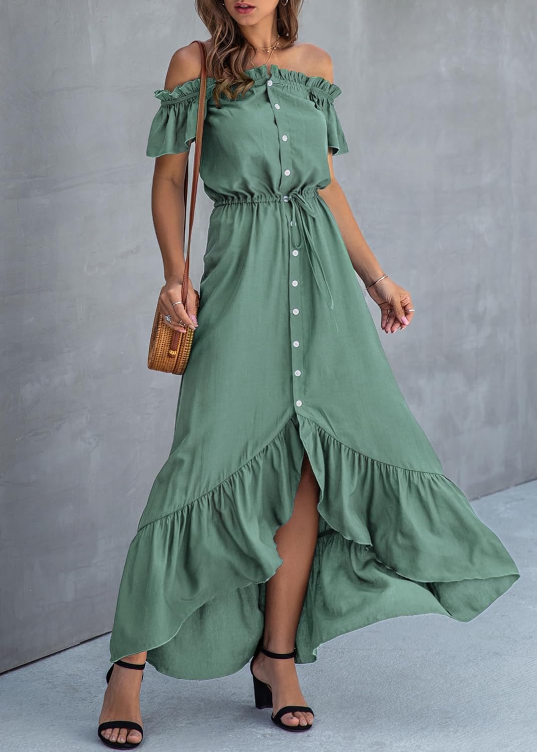 KIRUNDO Women's 2024 Summer Off Shoulder Maxi Dress Swiss Dot Short Sleeve High Waist Ruffle Tiered Flowy Long Dresses