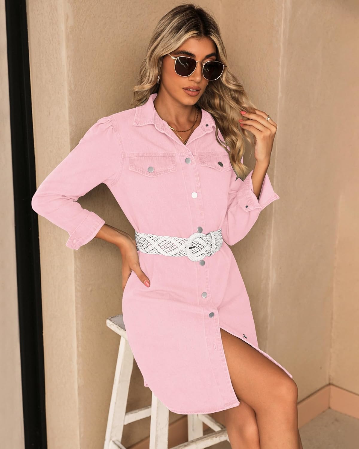 luvamia Denim Dress for Women 2024 Jean Spring Dresses Cowgirl Western Casual Long Sleeve Button Down Dress with Pockets