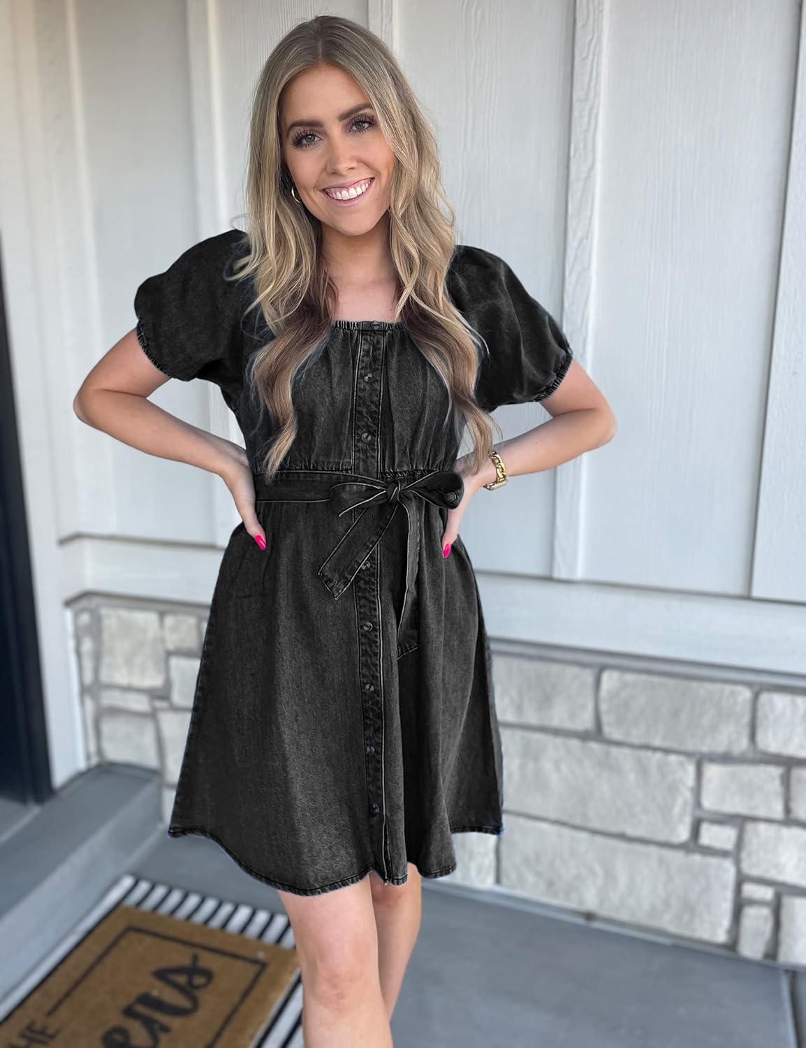 luvamia Denim Dress for Women Off The Shoulder Dresses Puff Sleeve Elastic Waist A Line Short Western Jean Dress Belted