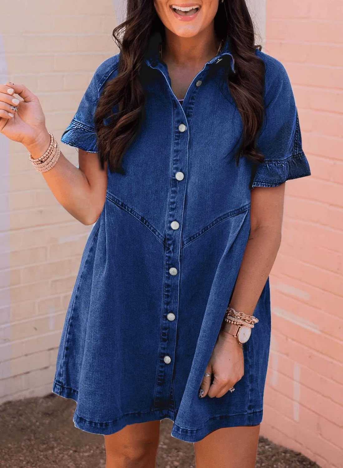 Sidefeel Womens Smocked 3 4 Sleeve Button Down Denim Jeans Dresses