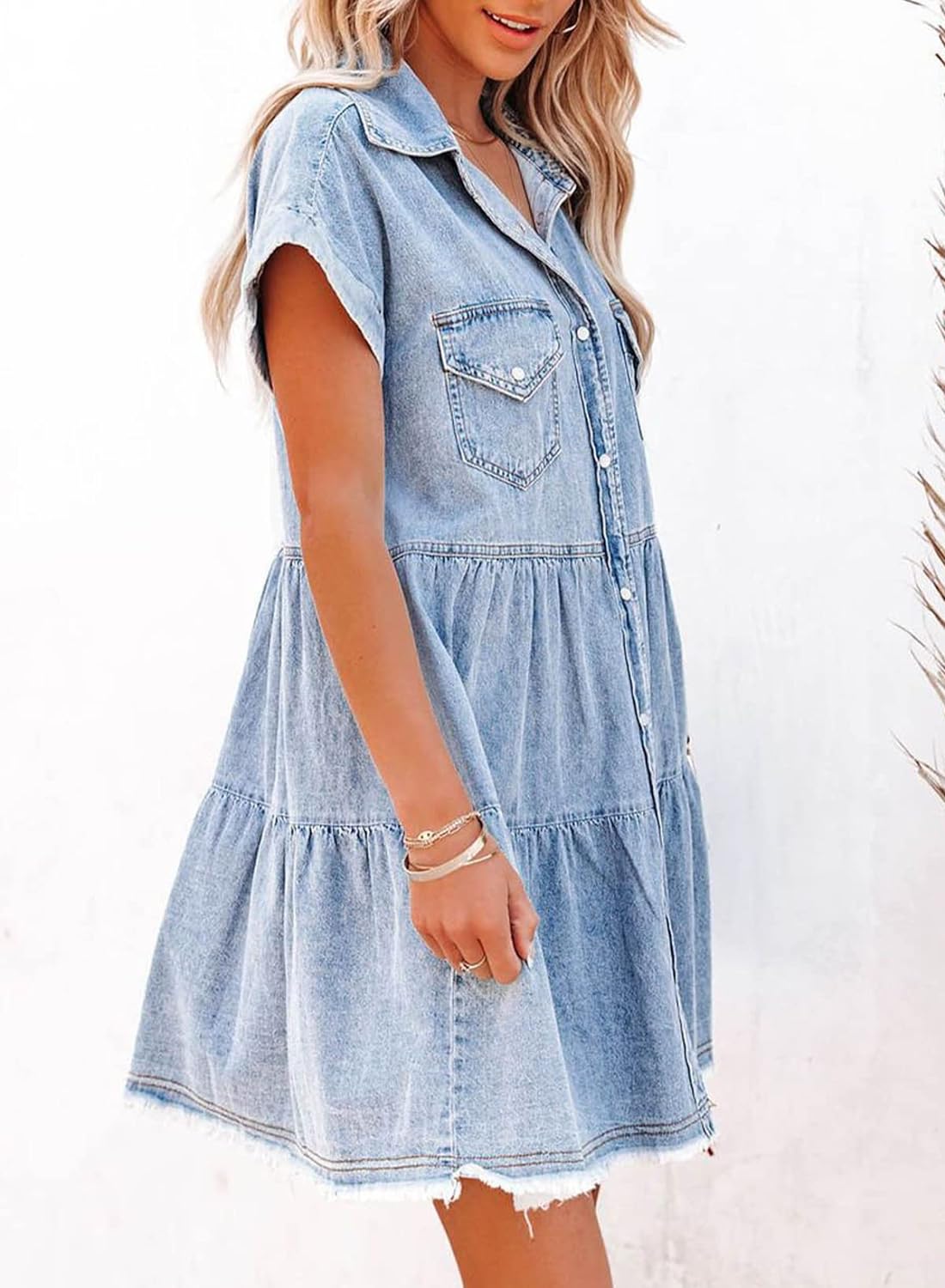 Sidefeel Womens Buttoned Frayed Pocket Short Sleeve Denim Jean Dresses