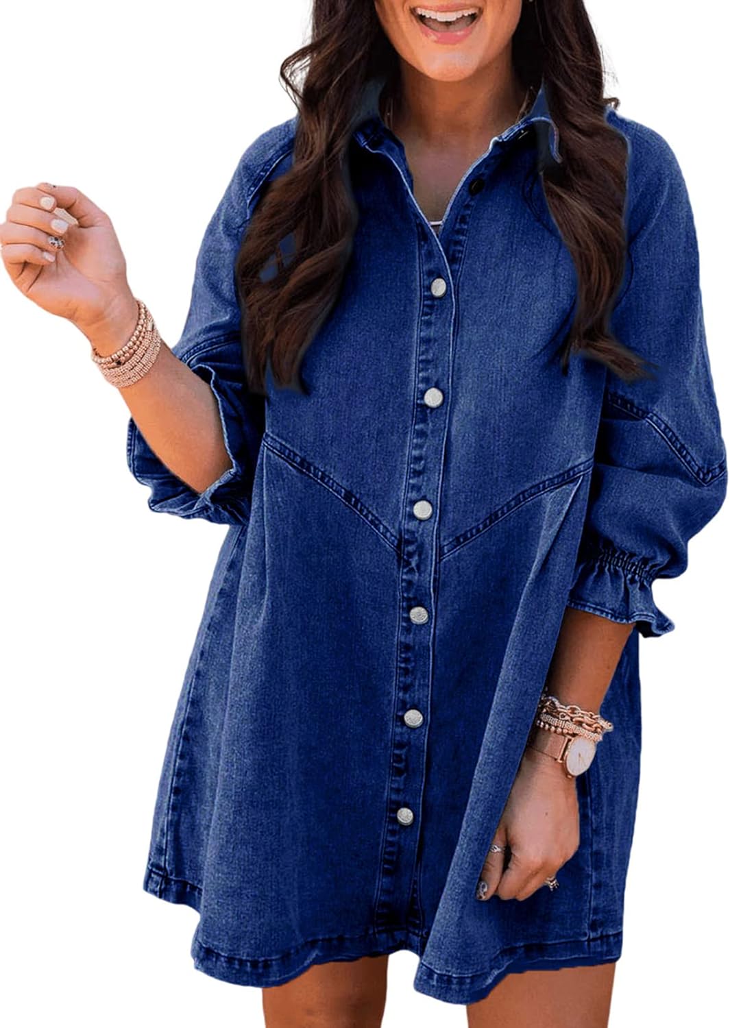 Sidefeel Womens Smocked 3 4 Sleeve Button Down Denim Jeans Dresses