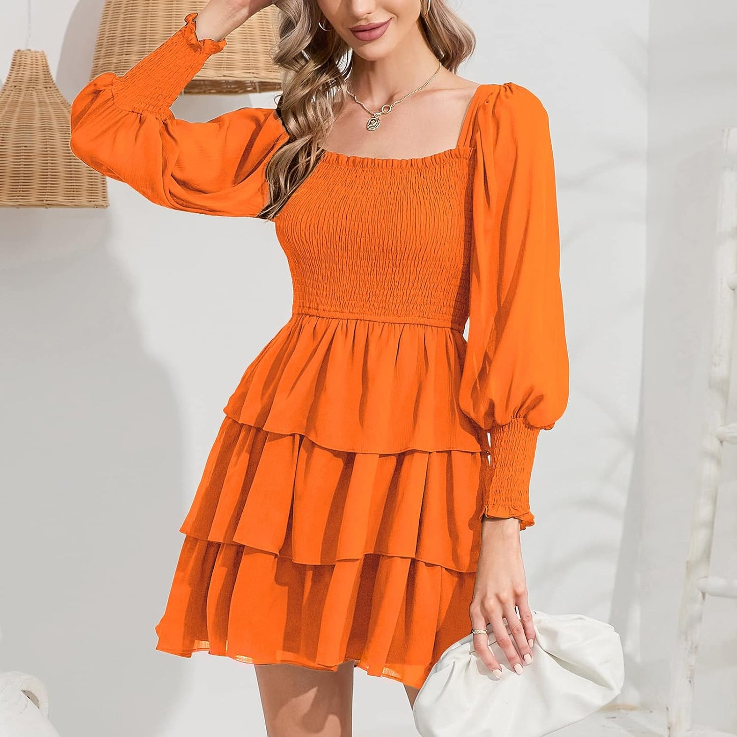 Byinns Women's 2024 Square Neck Ruffle Dress Long Sleeve Floral Print Tiered Tie Back Layered Swing Mini Dress