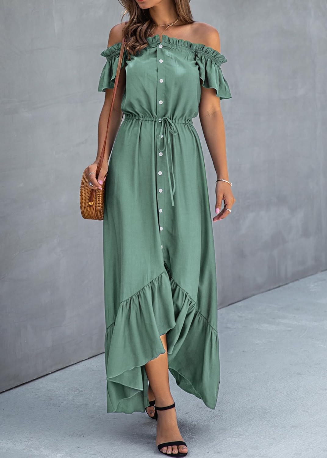 KIRUNDO Women's 2024 Summer Off Shoulder Maxi Dress Swiss Dot Short Sleeve High Waist Ruffle Tiered Flowy Long Dresses