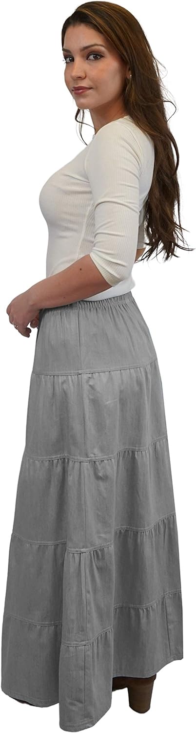 Baby'O Women's Ankle Length Tiered Long Denim Prairie Skirt