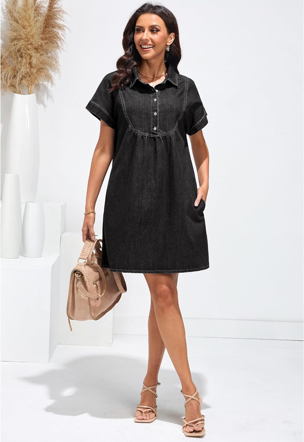 luvamia Denim Dress for Women Summer Short Sleeve Button Down Collared Pleated Western Jean Dresses with Pockets Relaxed