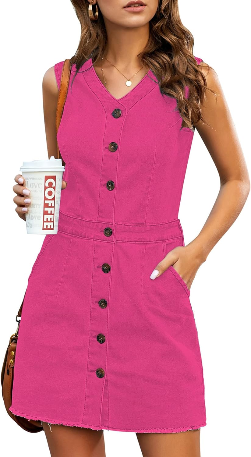 luvamia Women's Casual V Neck Sleeveless Jeans Button Down Denim Short Dress