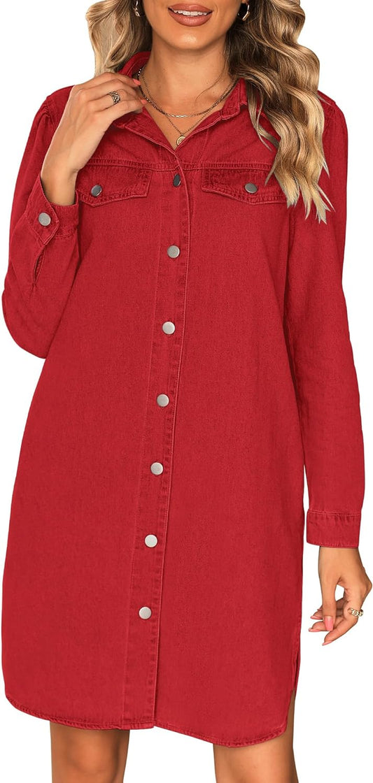 luvamia Denim Dress for Women 2024 Jean Spring Dresses Cowgirl Western Casual Long Sleeve Button Down Dress with Pockets