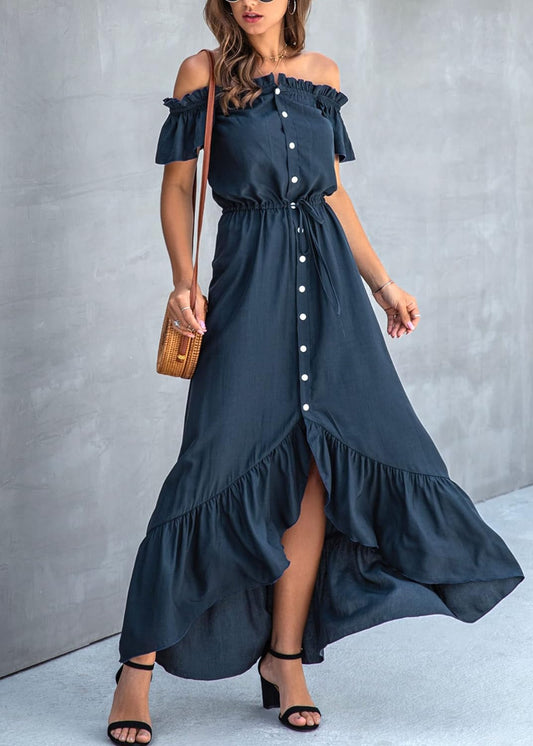 KIRUNDO Women's 2024 Summer Off Shoulder Maxi Dress Swiss Dot Short Sleeve High Waist Ruffle Tiered Flowy Long Dresses