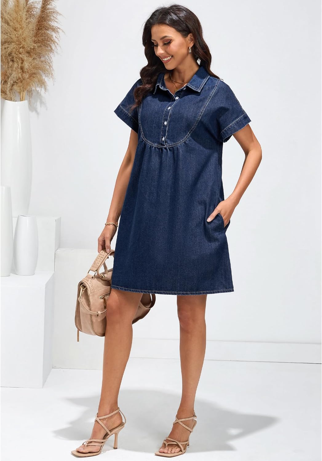 luvamia Denim Dress for Women Summer Short Sleeve Button Down Collared Pleated Western Jean Dresses with Pockets Relaxed