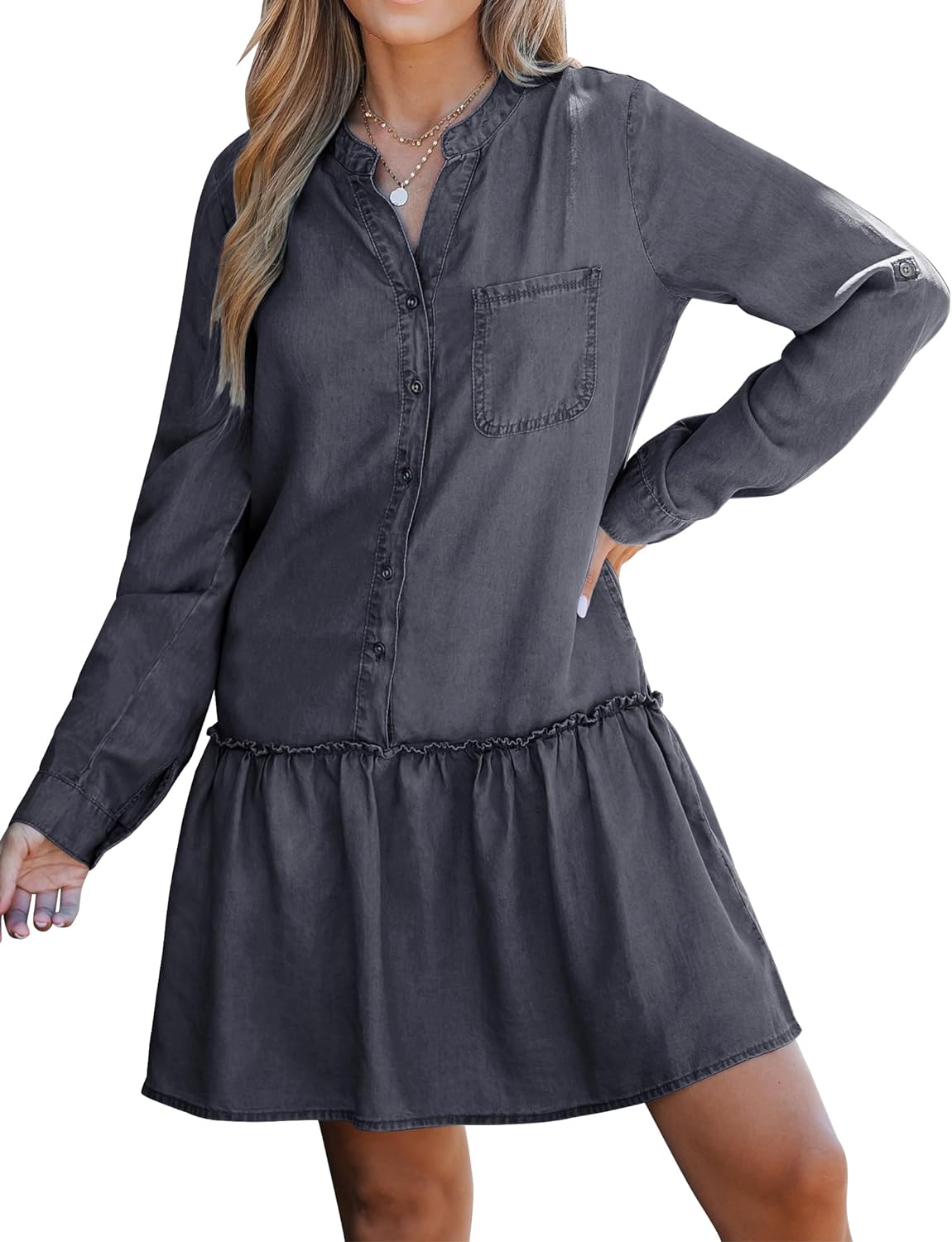 luvamia Denim Dress for Women Long Sleeve Shift Button Down Ruffle Jean Dresses Chambray Western Short Dresses Pockets