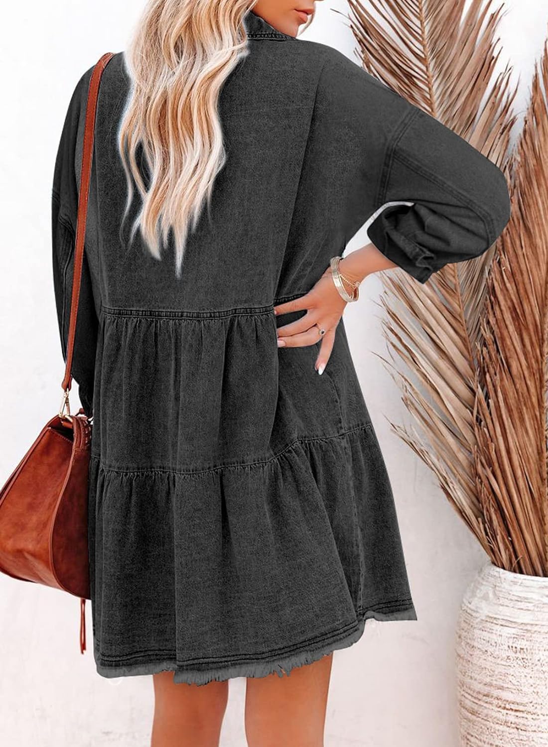 Sidefeel Womens Buttoned Frayed Pocket Short Sleeve Denim Jean Dresses