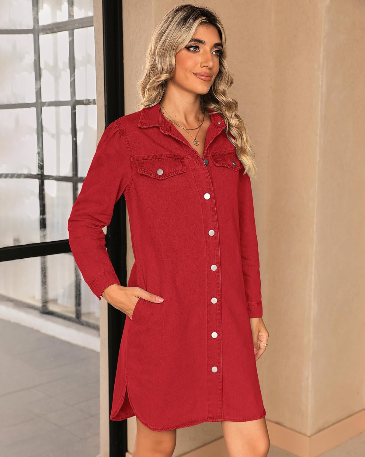 luvamia Denim Dress for Women 2024 Jean Spring Dresses Cowgirl Western Casual Long Sleeve Button Down Dress with Pockets