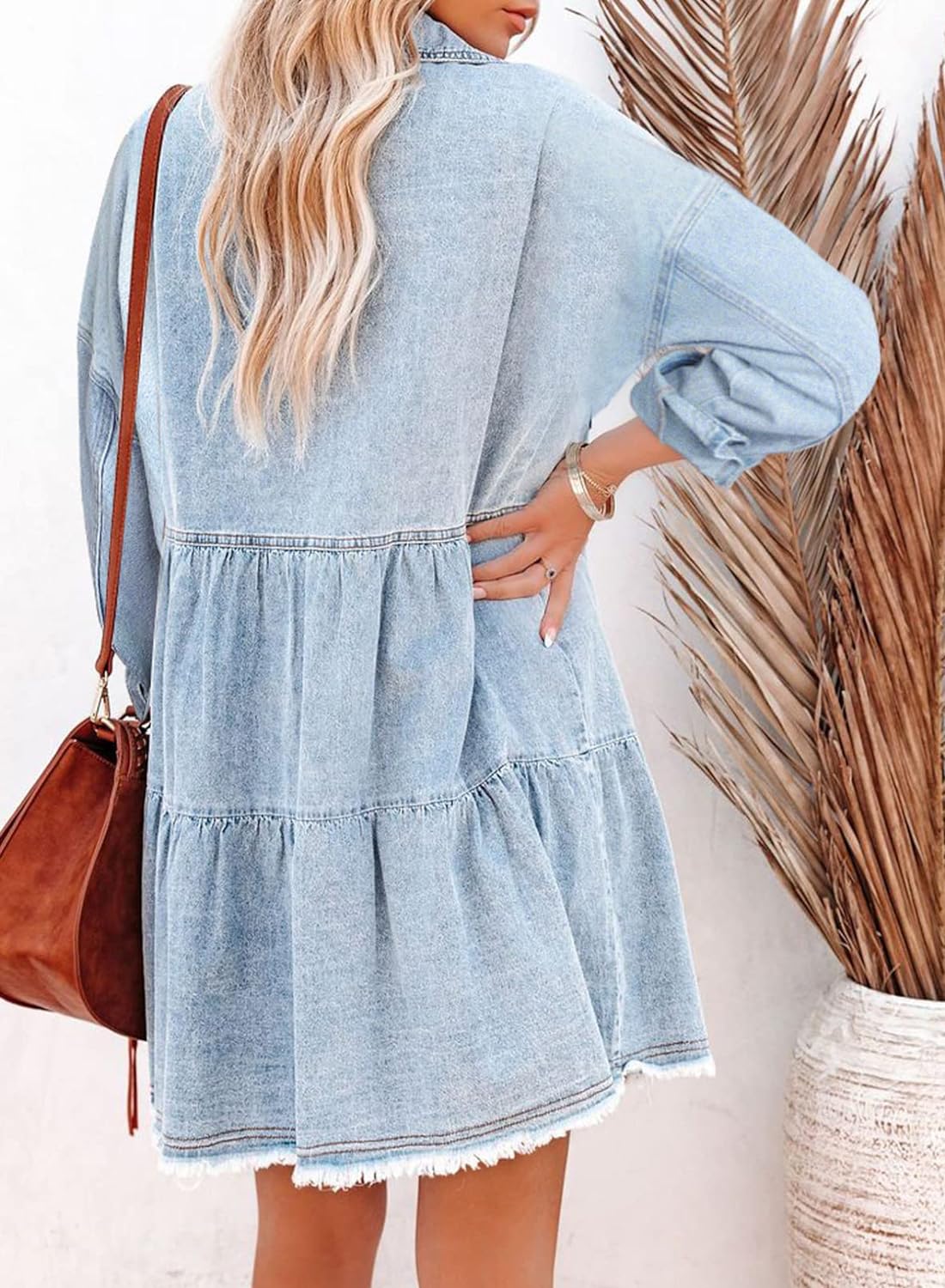 Sidefeel Womens Buttoned Frayed Pocket Short Sleeve Denim Jean Dresses