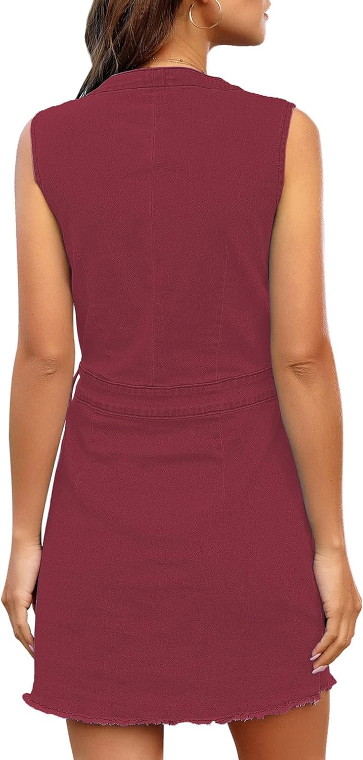 luvamia Women's Casual V Neck Sleeveless Jeans Button Down Denim Short Dress
