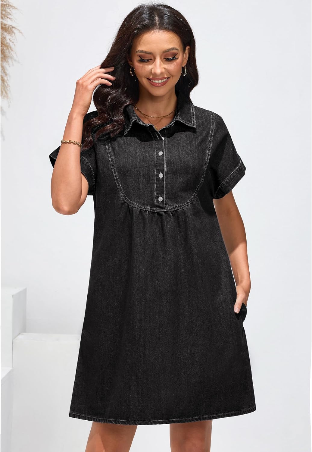 luvamia Denim Dress for Women Summer Short Sleeve Button Down Collared Pleated Western Jean Dresses with Pockets Relaxed