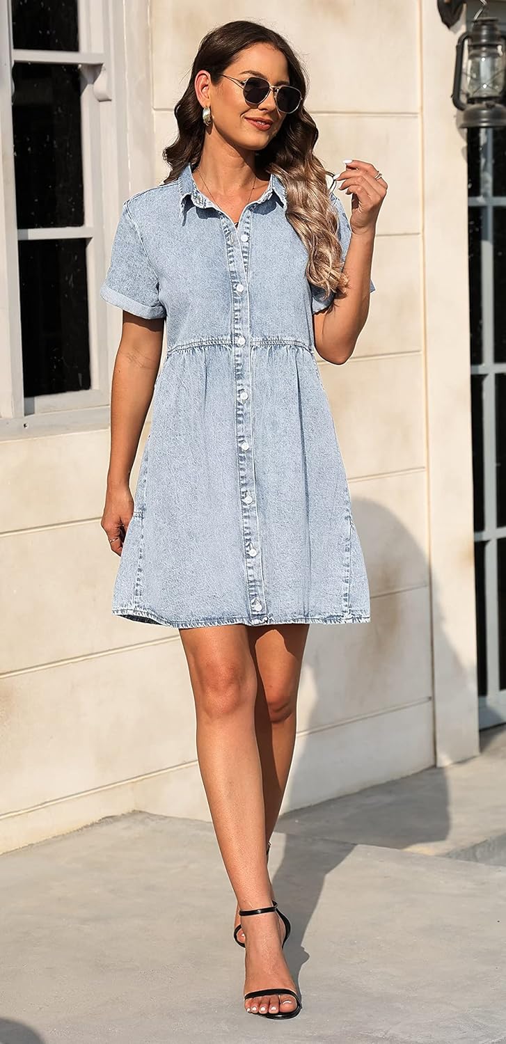 KDF Denim Dress for Women with Pockets Short Sleeve Babydoll Denim Shirt Dresses for Women 2023