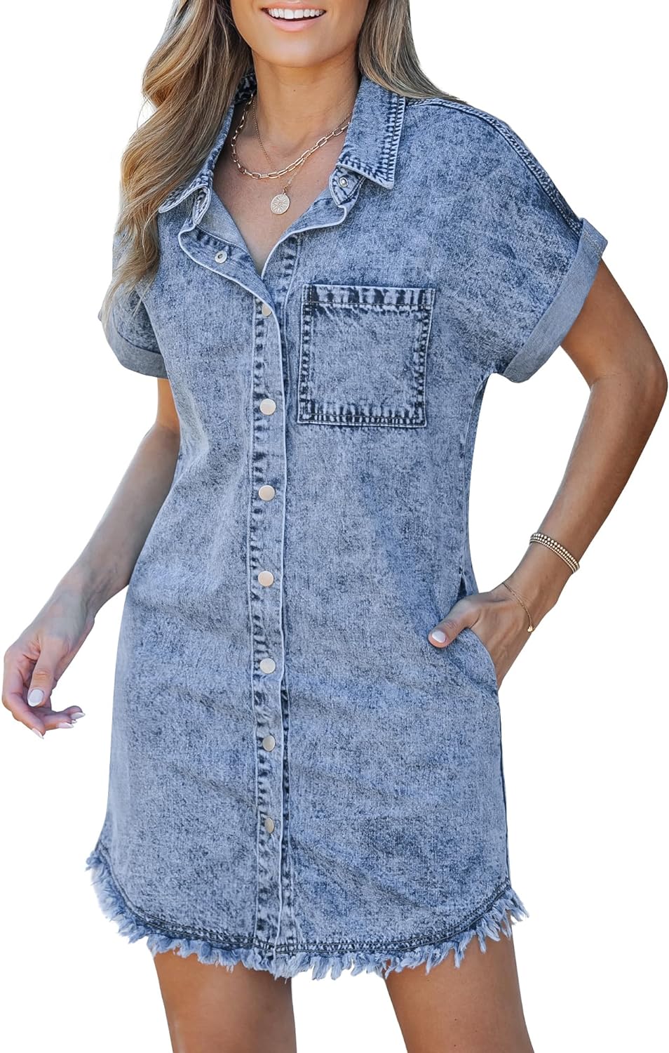 luvamia Denim Dress for Women Button Down Short Sleeves Casual Summer Jean Shirt Dresses with Pockets Frayed Hem