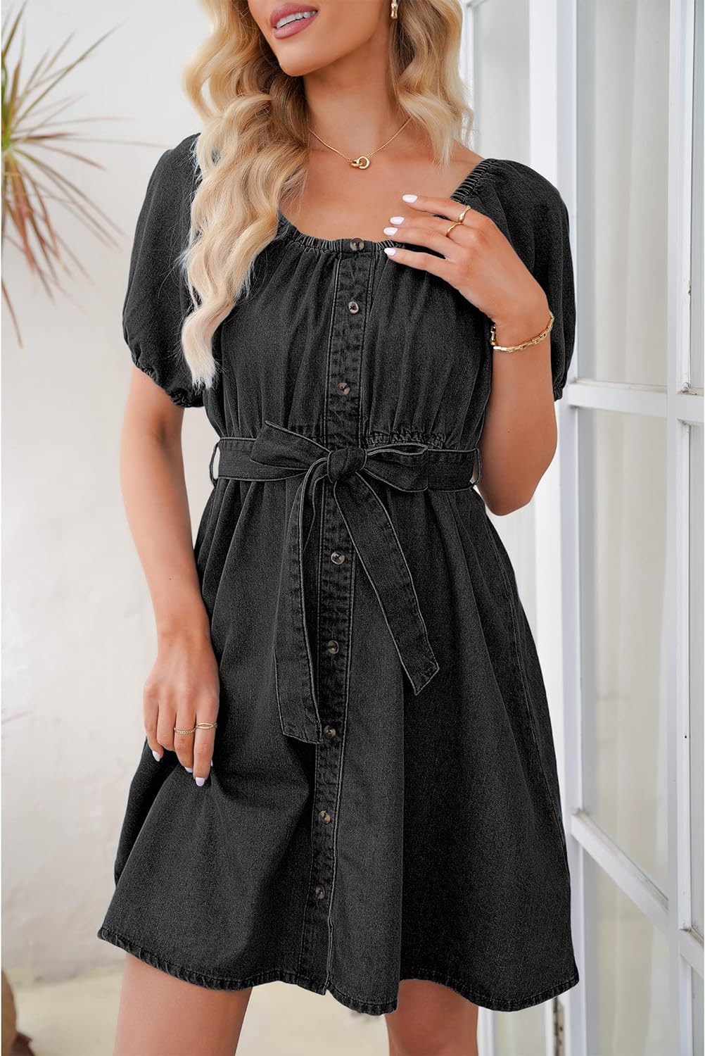 luvamia Denim Dress for Women Off The Shoulder Dresses Puff Sleeve Elastic Waist A Line Short Western Jean Dress Belted