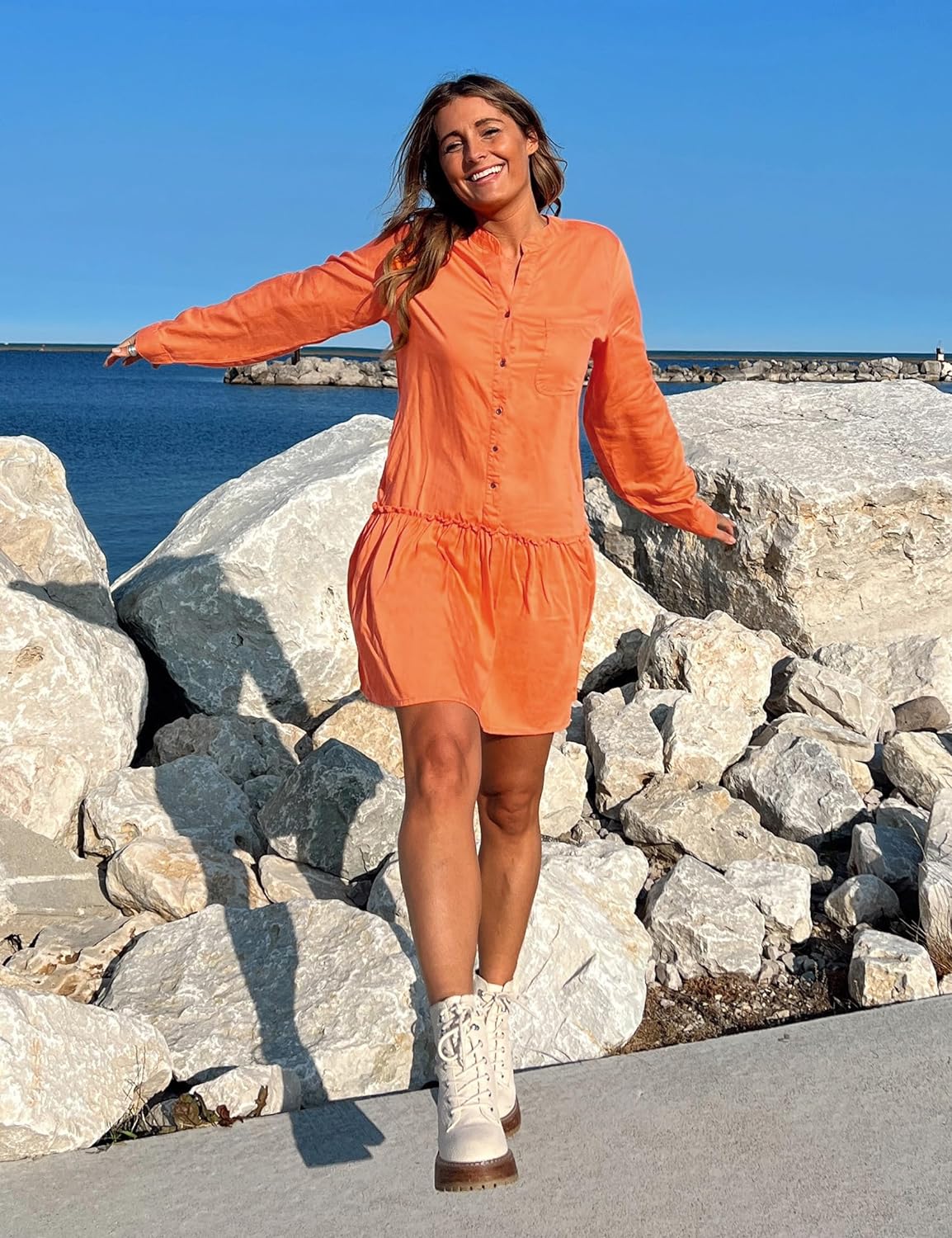 luvamia Denim Dress for Women Long Sleeve Shift Button Down Ruffle Jean Dresses Chambray Western Short Dresses Pockets