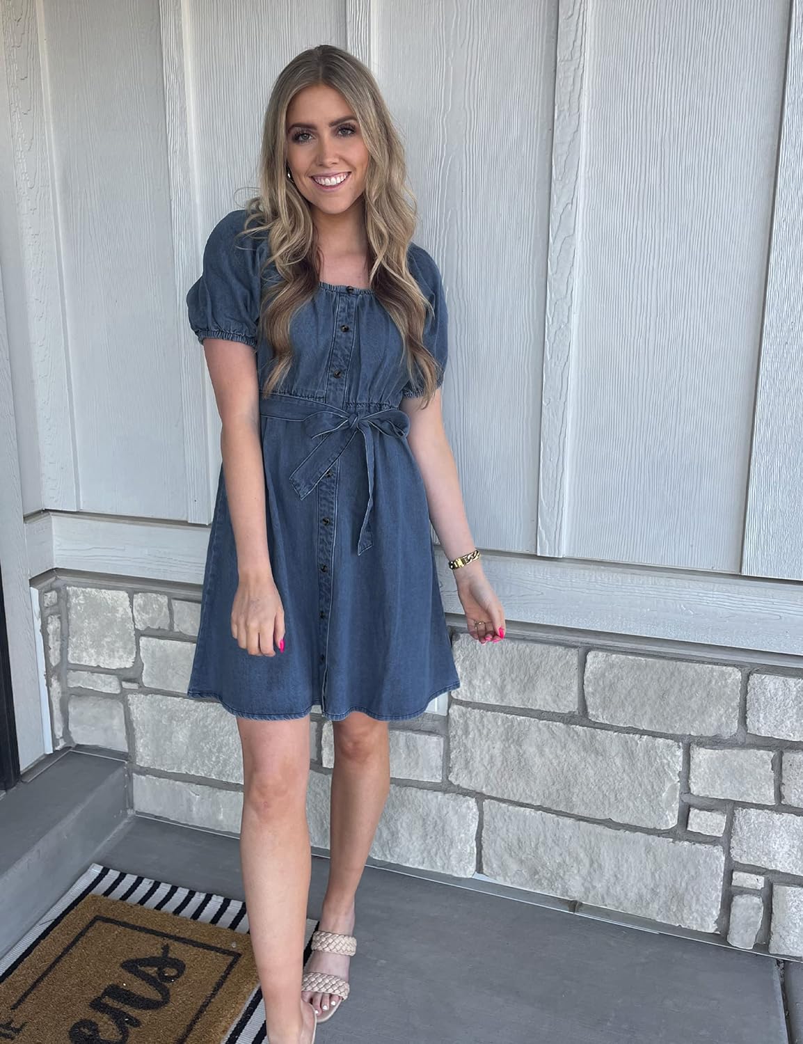 luvamia Denim Dress for Women Off The Shoulder Dresses Puff Sleeve Elastic Waist A Line Short Western Jean Dress Belted