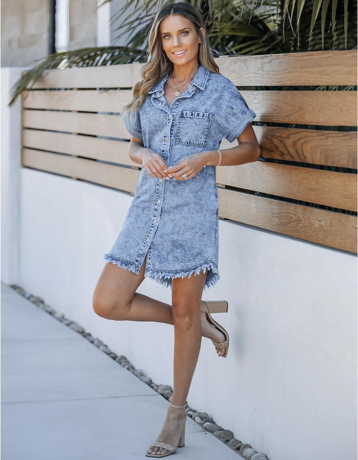luvamia Denim Dress for Women Button Down Short Sleeves Casual Summer Jean Shirt Dresses with Pockets Frayed Hem