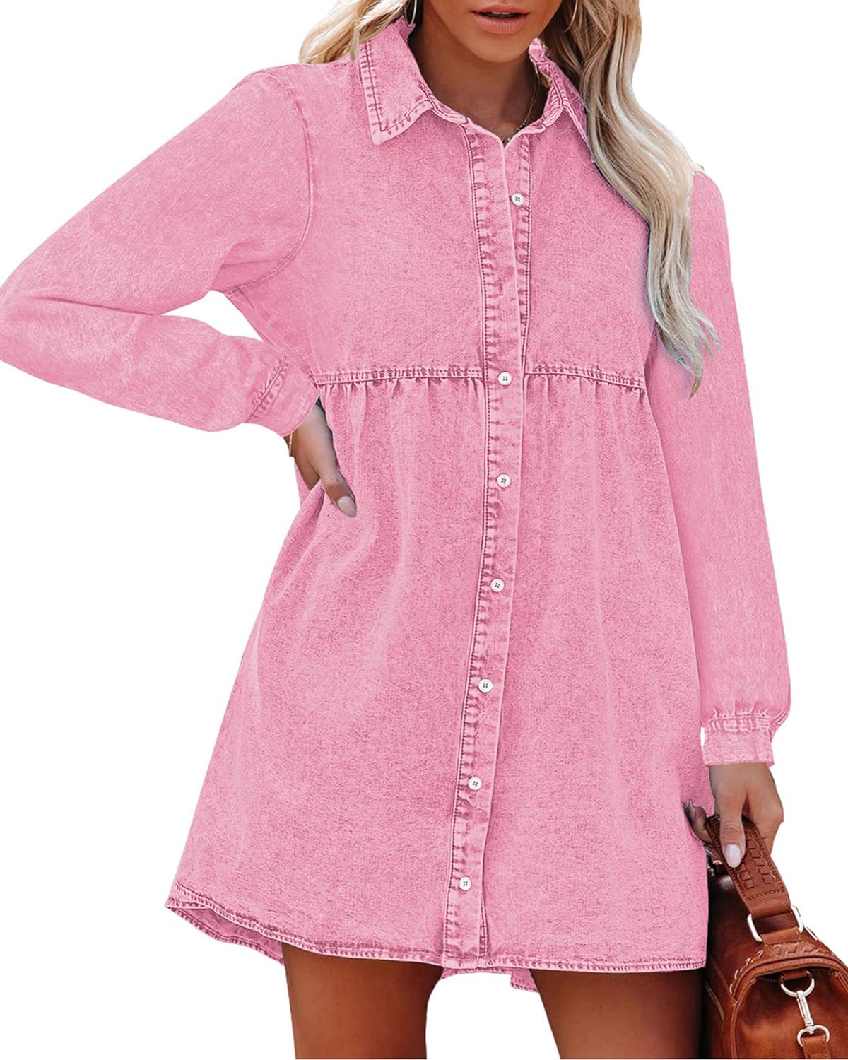 luvamia Denim Dress for Women Babydoll Flowy Cute Jean Shirt Dresses Long Sleeves