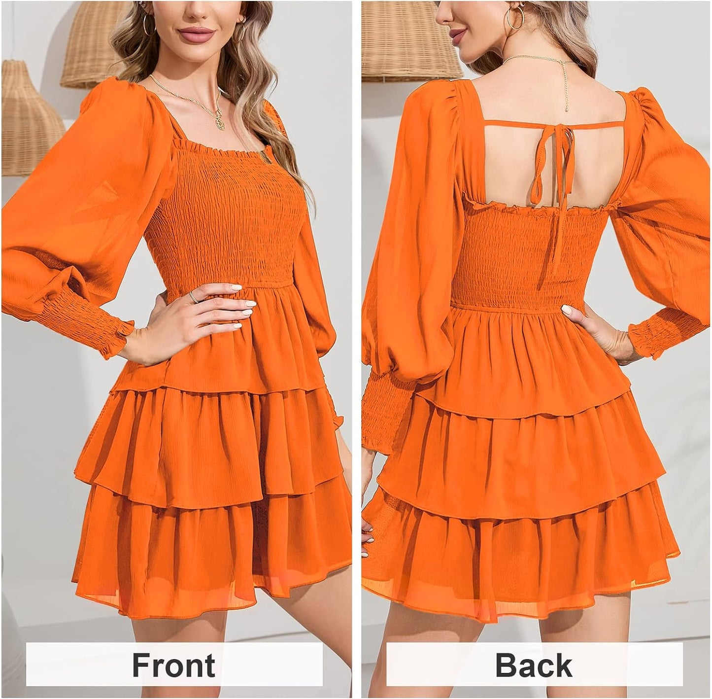 Byinns Women's 2024 Square Neck Ruffle Dress Long Sleeve Floral Print Tiered Tie Back Layered Swing Mini Dress