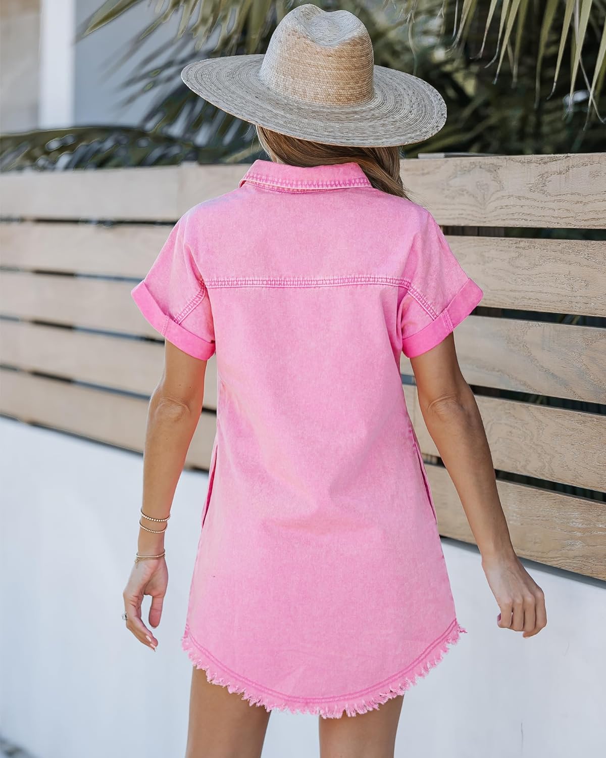 luvamia Denim Dress for Women Button Down Short Sleeves Casual Summer Jean Shirt Dresses with Pockets Frayed Hem