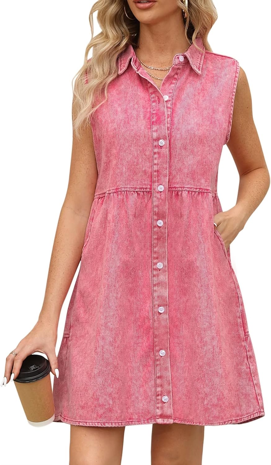 KDF Denim Dress for Women with Pockets Short Sleeve Babydoll Denim Shirt Dresses for Women 2023