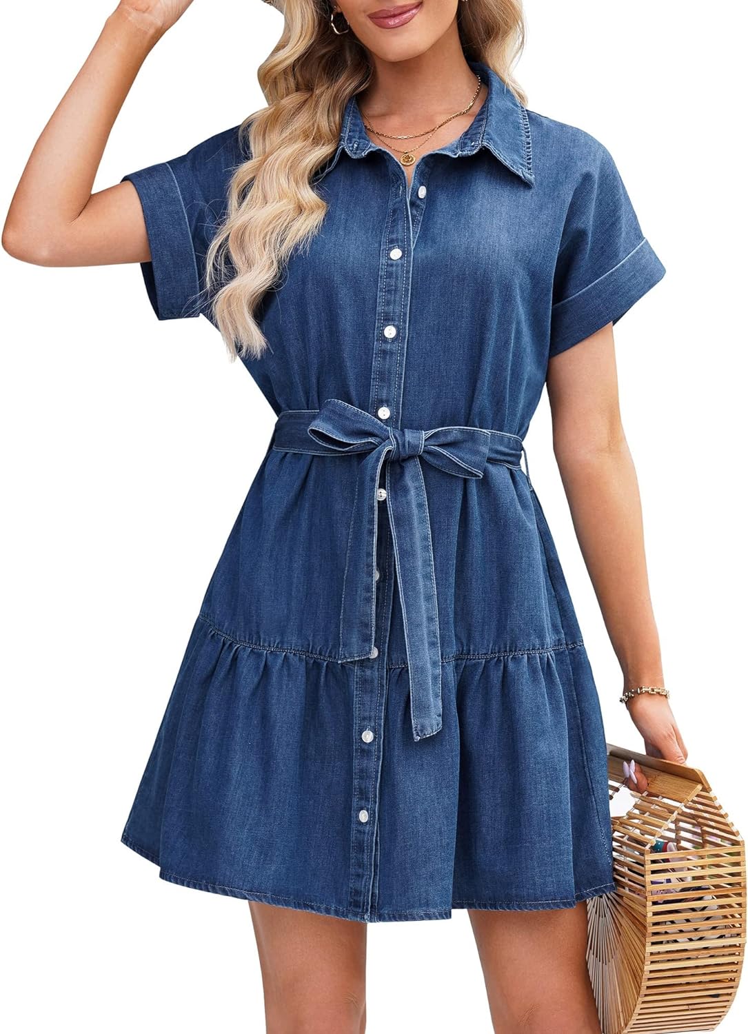 GRAPENT Denim Dress for Women Summer Button Down Belted Short Dresses Flowy Western Casual Jean Dress