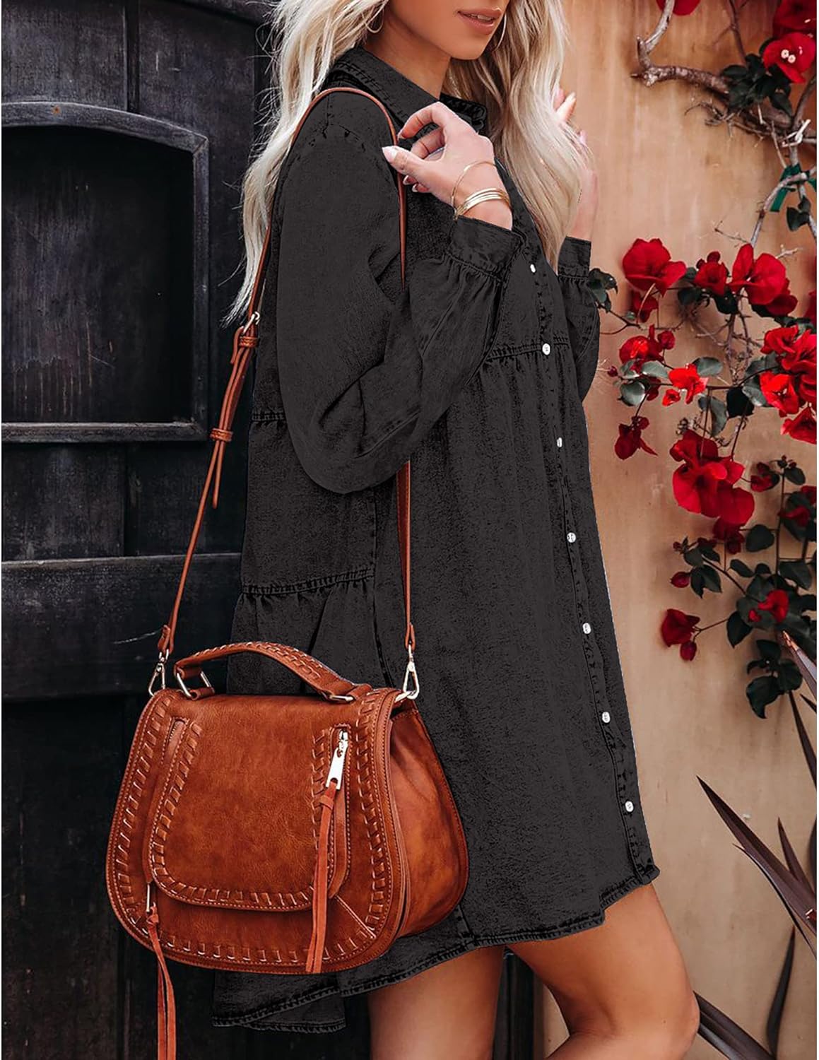 luvamia Denim Dress for Women Babydoll Flowy Cute Jean Shirt Dresses Long Sleeves