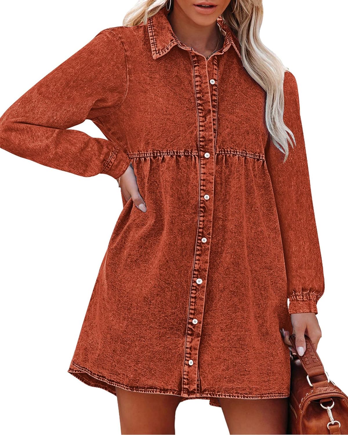 luvamia Denim Dress for Women Babydoll Flowy Cute Jean Shirt Dresses Long Sleeves